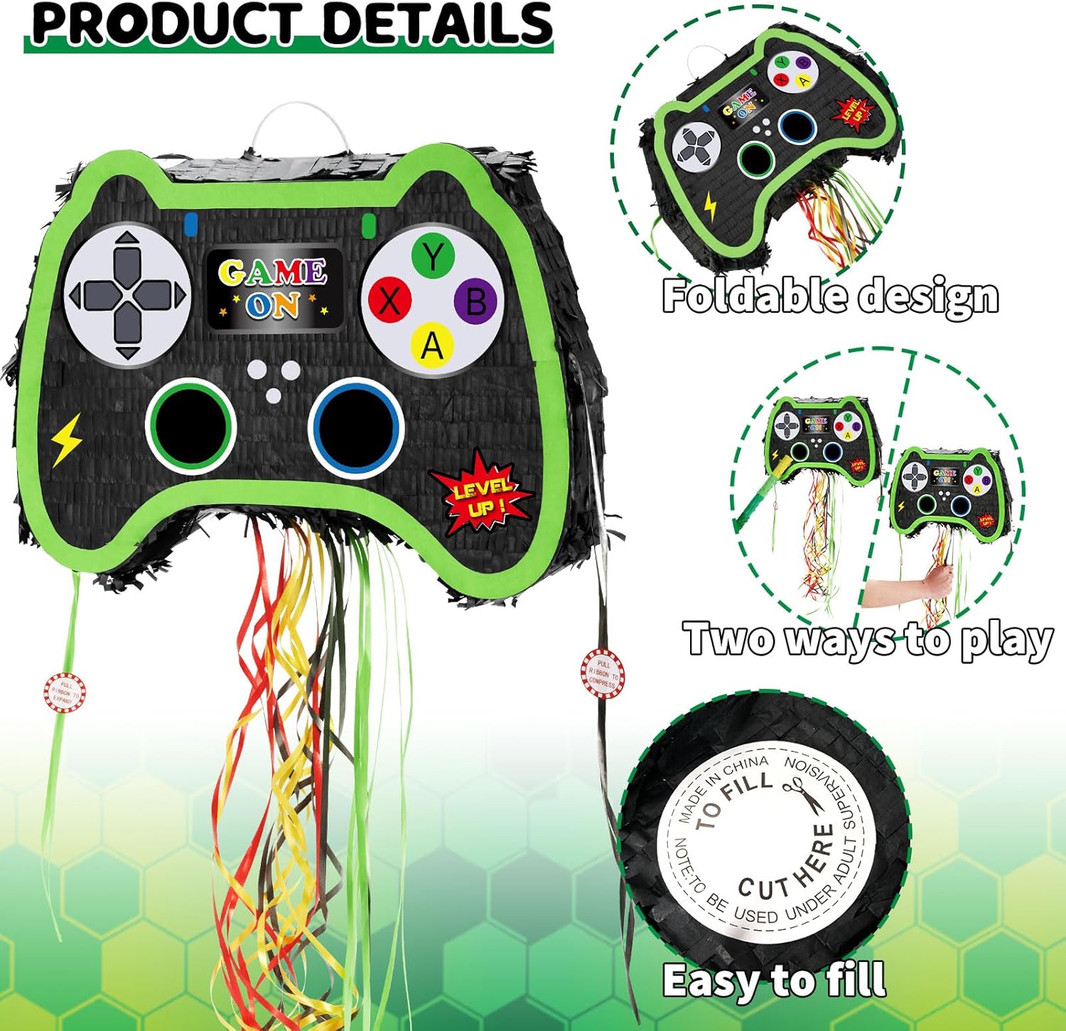 WERNNSAI Foldable Video Game Piñata - Pull String Gaming Birthday Party Supplies Extendable Piñata with Blindfold Bat and Tassels Game On Birthday Party Decoration Folding Piñatas for Classroom Game
