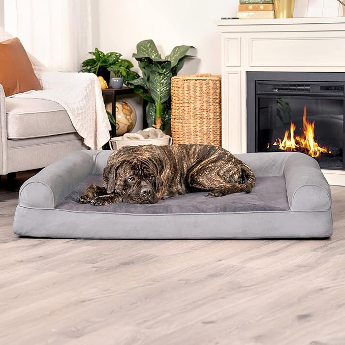 Furhaven Orthopedic Dog Bed for Large Dogs w/ Removable Bolsters & Washable Cover, For Dogs Up to 125 lbs - Faux Fur & Velvet Sofa - Smoke Gray, Jumbo Plus/XXL-PawvioPets