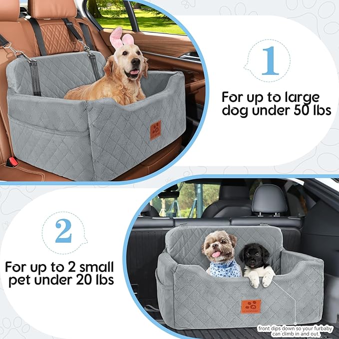 Dog Car Seat for Medium/Large Dogs, Dog Booster Seat for Pet Under 50lbs or 2 Small, Detachable and Washable Pet Car Seat,Multi-Functional Pet Travel Bed for Backseat(Grey)-PawvioPets