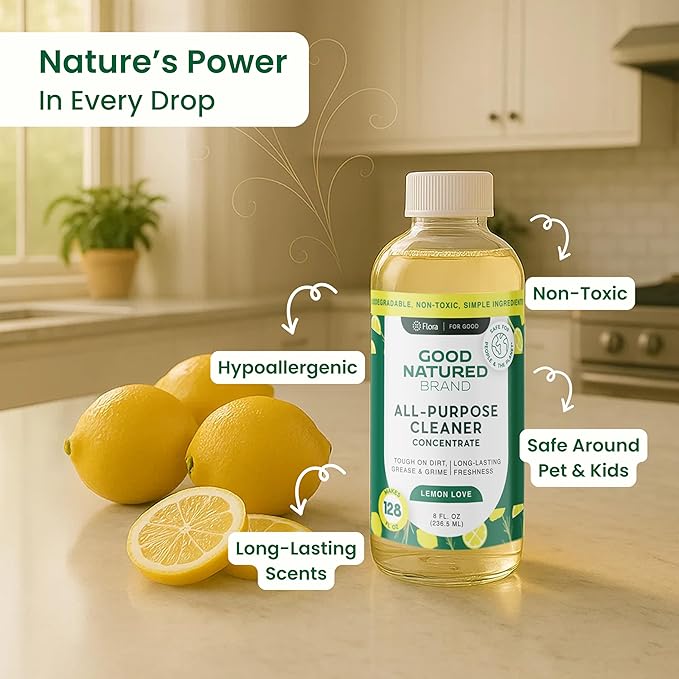 Good Natured Brand All-Purpose Cleaner Concentrate | Multi-Surface Cleaner | Natural Lemon Essential Oil | Multipurpose Cleaner Concentrate All Surfaces | Lemon Love | 8oz makes 128oz-PawvioPets