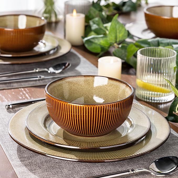 GBHOME Ceramic Dinnerware Sets,12 pcs Embossed Elegant Stoneware Plates and Bowls Sets, Housewarming Wedding Gift | Dishwasher & Microwave Safe | Dishes Set Service for 4-PawvioPets