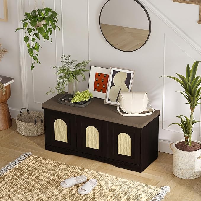 DINZI LVJ Shoe Bench, Entryway Storage Bench with Doors, Cushion, 2-Tier Shoe Rack with 6-Cubby, 39.4”L x 13.8”W Shoe Organizer Cabinet, Adjustable Shelf, Living Room, Bedroom, Espresso with Rattan-PawvioPets