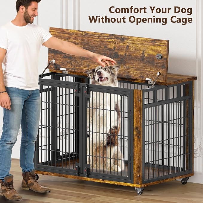 EasyCom 41" for Training Moveable XL Dog Crate, Large Dog Crate Furniture with Top-Access Teasing/Feeding Doors, Chew-Resistant Dog Kennel Indoor Furniture for Medium and Large Dogs-PawvioPets