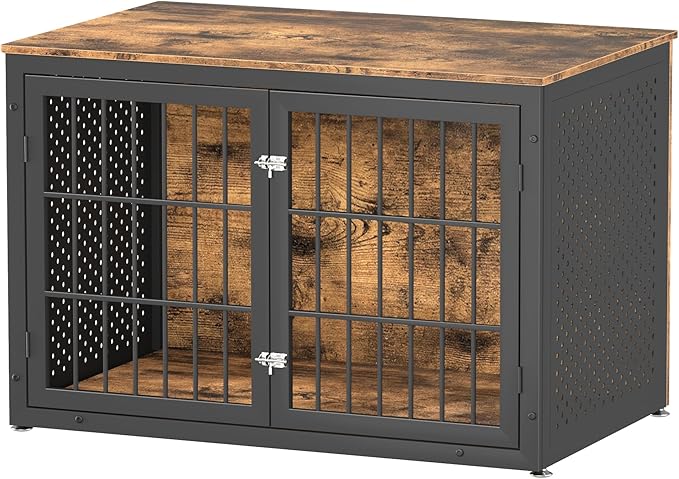 48" Rustic Heavy Duty Dog Crate Furniture for Extra Large Dogs, Metal Kennel for High Anxiety Dogs, Wooden Cage Furniture Indoor, Decorative Dog Kennel End Table, XL-PawvioPets