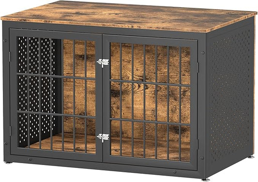 48" Rustic Heavy Duty Dog Crate Furniture for Extra Large Dogs, Metal Kennel for High Anxiety Dogs, Wooden Cage Furniture Indoor, Decorative Dog Kennel End Table, XL-PawvioPets
