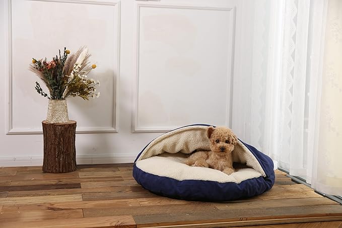 Amazon Basics Pet Cave Bed for Dog, With Removal Nesting Cave Cover, Fits up to 35lbs Pets, 30 x 30 x 12.5 inches, Blue-PawvioPets