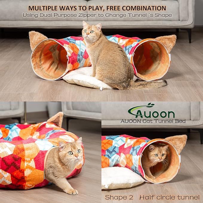 AUOON Cute Cat Donut Tunnel - Interactive Cat Tunnel Bed for Indoor Cats Kitten Kitty Puppy Rabbit Ferret (Orange)-PawvioPets