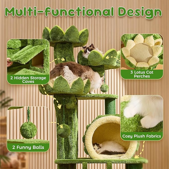 80.3'' Modern Cat Tree, Tall Cat Tower for Indoor Cats Adults, Luxury Climb Tower with Scratching Post, Heavy Duty Cat Condo with Ladder, Toys, Double Sided Mat, Lotus Perch for Multi-Cat Families-PawvioPets