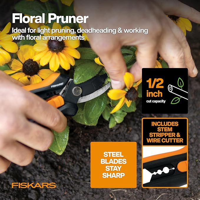 Fiskars Flower Gardening Tool Gift Set with Floral Pruner, Trowel, Cultivator, Garden Gloves, and Ultra-Light Kneeling Cushion for Outdoor Use (5 Piece Kit)-PawvioPets