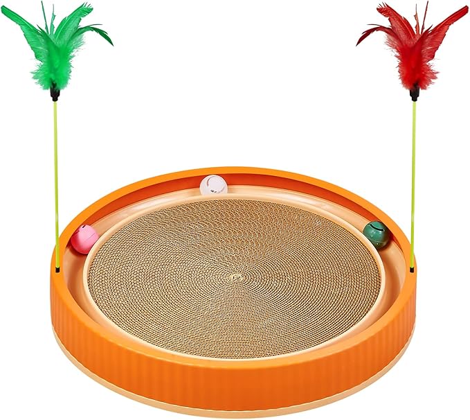 20-Inch Round Cat Scratcher with Ball Track – 3-in-1 Cardboard Cat Scratching Pad with Feather Toys, Non-Slip Base – Interactive Cat Toy for Indoor Cats, Kitten Scratch Play Lounge Board (Orange)-PawvioPets