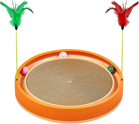 20-Inch Round Cat Scratcher with Ball Track – 3-in-1 Cardboard Cat Scratching Pad with Feather Toys, Non-Slip Base – Interactive Cat Toy for Indoor Cats, Kitten Scratch Play Lounge Board (Orange)-PawvioPets