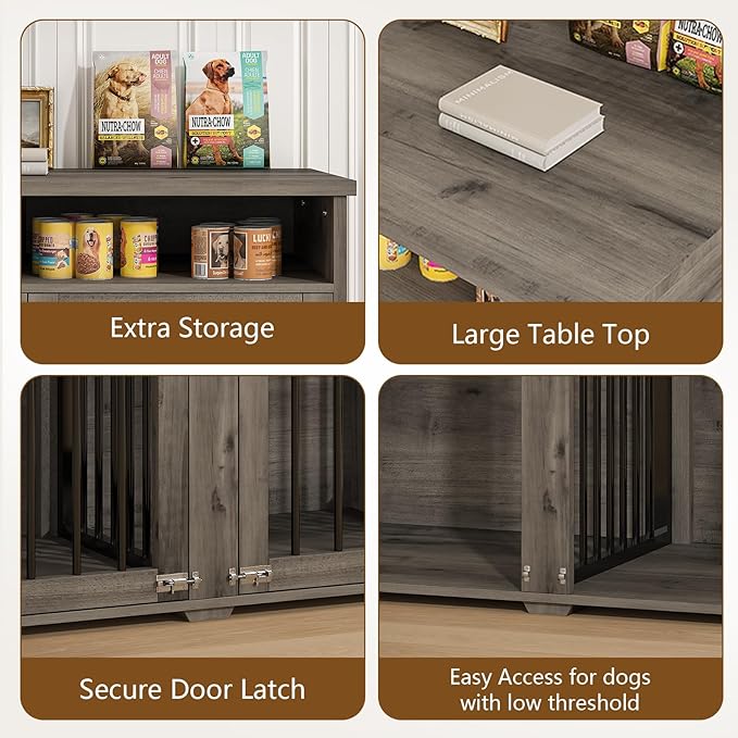 Furniture Dog Crate for 2 Dogs, 41 Inch Dog Kennel Furniture with Removable Divider and Shelf Storage, Wooden Dog Crate for Small/Medium Dogs, Grey-PawvioPets