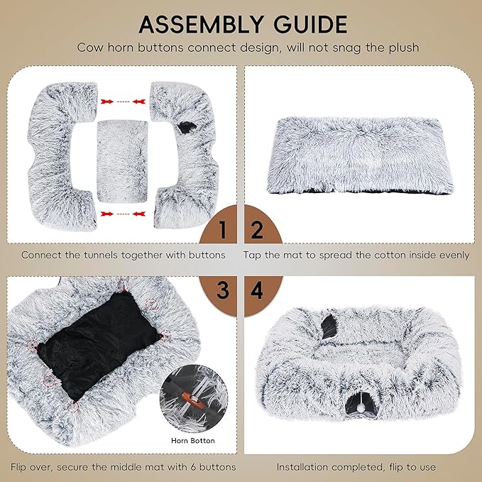 Extra Large Cat Tunnel Bed, 4 Ways Tunnels for Indoor Cats, Multi-cat Family Peekaboo Cave & Cat Bed, Plush Cat Donut with Washable Middle Mat, Exit Balls, Pet Play Toy for Kitten Puppy Rabbit-PawvioPets