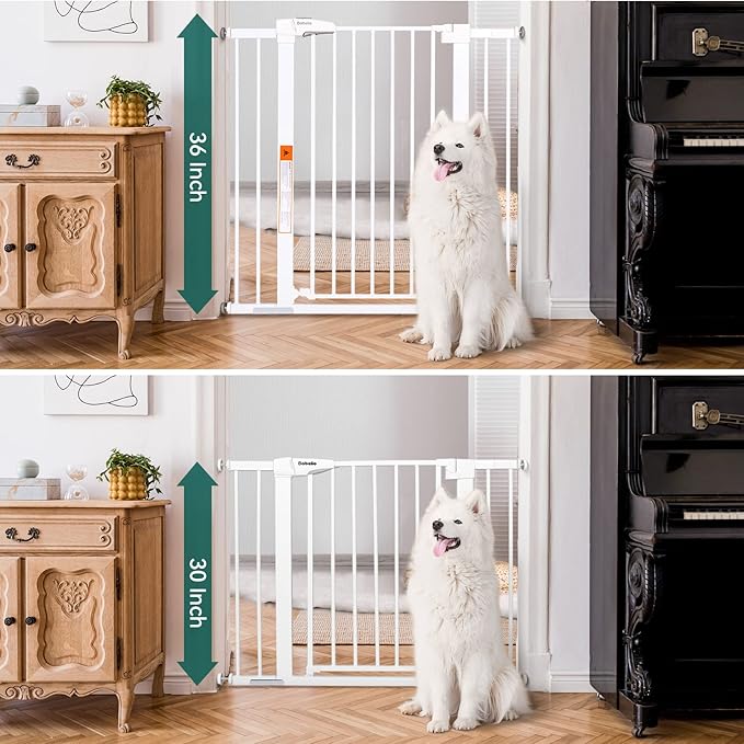 BABELIO 36" Extra Tall Dog Gate, 26-40" Wide Auto Close Baby Gate, Pressure Mounted Metal Pet, Easy Install No Drilling, No Tools Required, With Wall Protectors and Extension Kits, White-PawvioPets