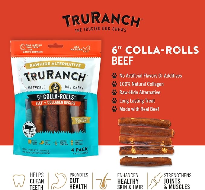 Collagen Rolls - 6" Collagen Rolls for Dogs - Long Lasting Healthy Joint Support - Rawhide Alternative - Skin & Coat Health - Made with Real Beef, Value Pack, 15 Bags, 60 Count-PawvioPets