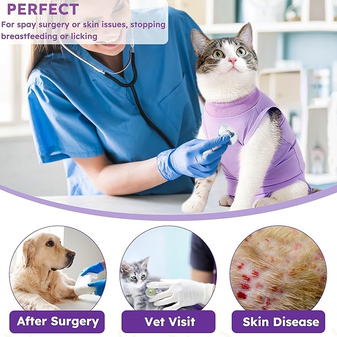 Cat Recovery Suit for Spay Abdominal Wound, Breathable Kitten Onesie for Cats After Surgery, Anti Licking Cat Cone Alternative, Pet Surgery Recovery Shirt-Purple(L)-PawvioPets