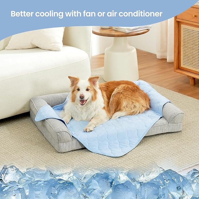 Cozy Bliss Leakproof Cooling Blanket for Small Dogs – Q-Max>0.4, Durable & Washable Dog Cooling Mat for Hot Weather, Soft Pet Throw & Couch Protector for Puppies & Cats, 25x35 Inch, Heather Cool Blue-PawvioPets