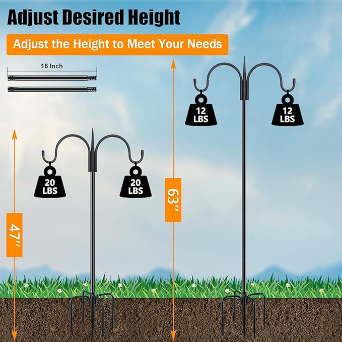 FEED GARDEN Adjustable Double Shepherds Hook for Outdoor with 5 Prong Base 63 Inch Heavy Duty Two Sided Bird Feeder Pole for Hanging Plant Baskets, Solar Light Lanterns, Wind Chimes-PawvioPets
