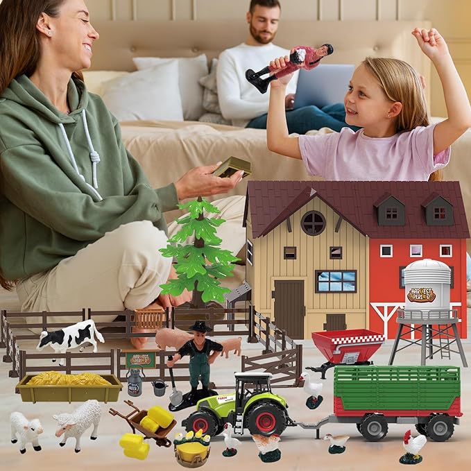 109PCS Farm Animals Toys Set Comes with Barn, Rice Storehouse, Rice Trolley, Milking shed, Farmer, Fence - Playset for Kids Toddlers Boys Girls 5+ Years Old-PawvioPets