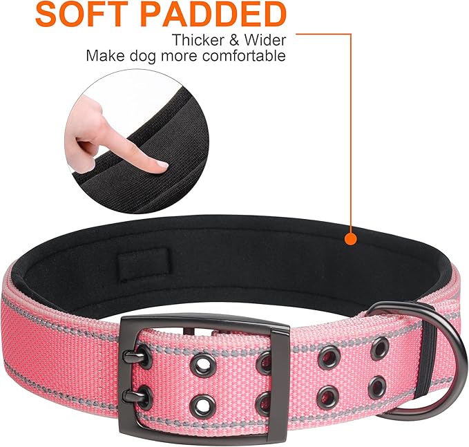Fida Heavy Duty Dog Collar 1.5” Width, Ultra Soft Neoprene Padded, Adjustable Reflective Nylon Pet Collar with Two Metal Pin Belt Buckle for Large/X-Large Breeds (XL, Pink)-PawvioPets