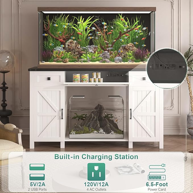 55-75 Gallon Aquarium Stand With Charging Station, Farmhouse Fish Tank Stand, Reptile Tank Stand Terrarium Stand with Drawer and Cabinet Storage, Sturdy Heavy Duty 53.5"×19.7" Tabletop - White-PawvioPets