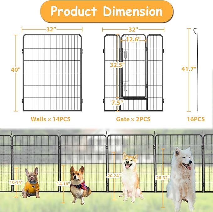Dog Playpen, Outdoor Dog Fence, 16 Panels, 40" H Dog Pen for Medium/Small Dogs, Heavy Duty Metal Pet Fence with Gate, Portable Dog Fence for RV Camping and Yard (Black)-PawvioPets