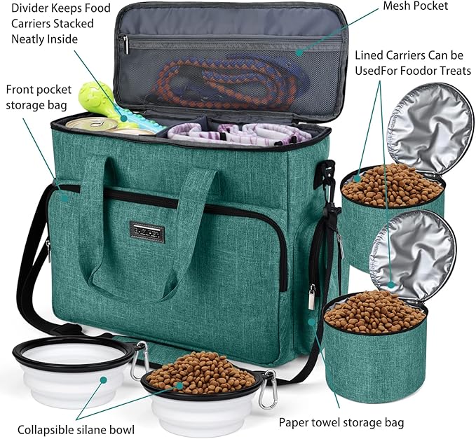 BAGLHER Dog Travel Bag, Airline Approved Pet Tote Organizer with Multi-Function Pockets, 2 X Food Storage Containers and 2 X Collapsible Dog Bowls, Perfect Weekend Pet Travel Set for Dog, Cat Green-PawvioPets