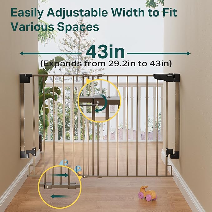 Cumbor 29.2-43" No Bottom Bar Baby Gate for Stairs, 2-in-1 Hardware Mounted Dog Gate Indoor, Pet Gate for Doorways with Large Walk Thru Door, Child-Proof Safety Gate for Top & Bottom of Stairs (Brown)-PawvioPets
