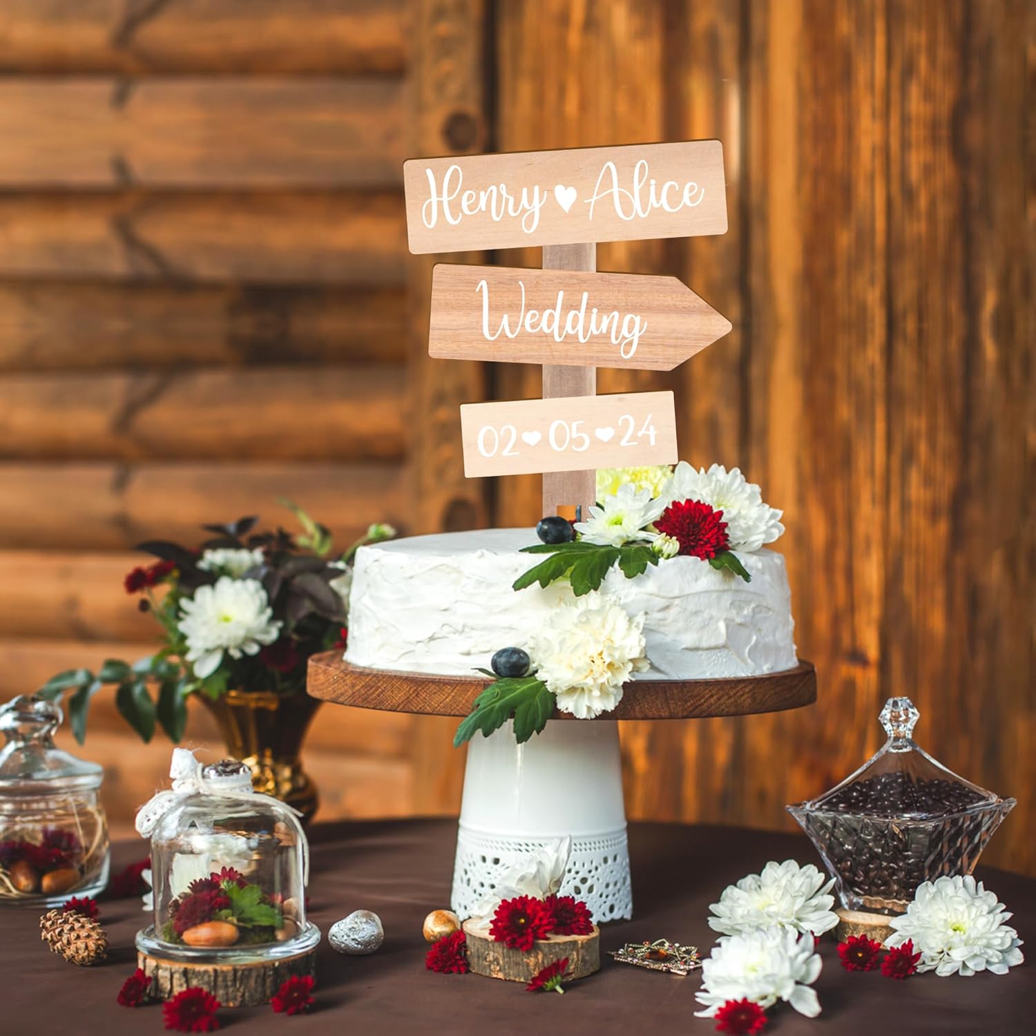 Personalized Rustic Wedding Cake Topper in Wood Custom Bride & Groom Names Initials Wedding Date Cake Decoration (Maple Texture)