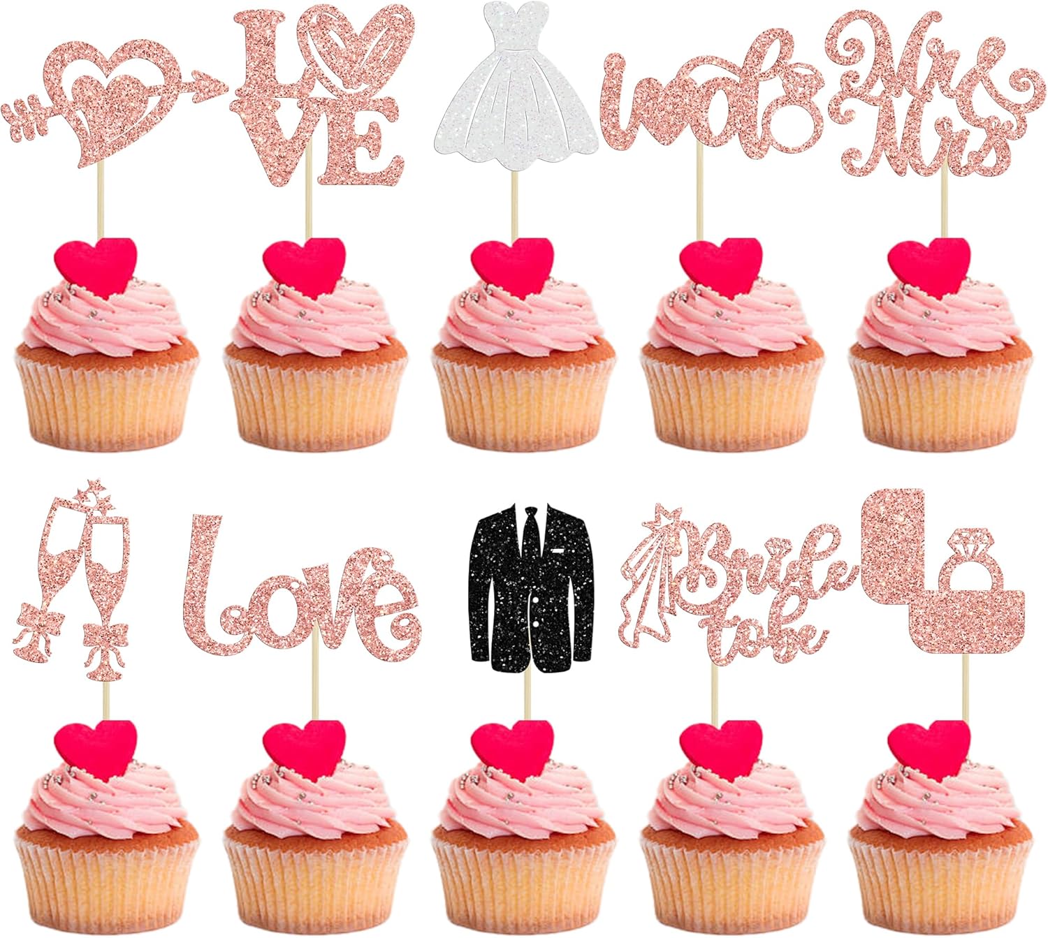 Ephlyn 30Pcs Bride to be Cupcake Toppers Glitter Wedding Cake Topper Decorations I Do Love Heart Ring Cupcake Picks for Bridal Shower Wedding Engagement Party Supplies Rose Gold