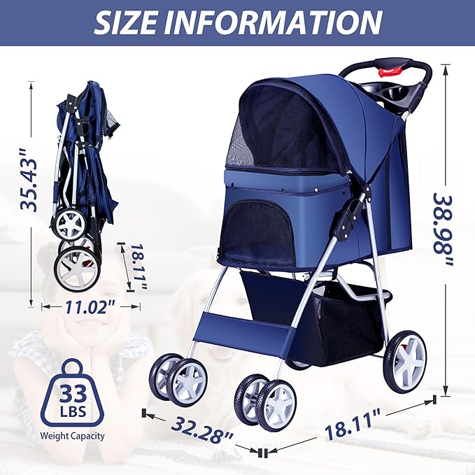 4 Wheels Pet Stroller for Small Medium Dogs Cats 10-33 lbs, Foldable Dog and Cat Stroller with Cup Holder & Storage Basket & Breathable Mesh, Pet Strolling Cart for All-Season, Navy Blue-PawvioPets