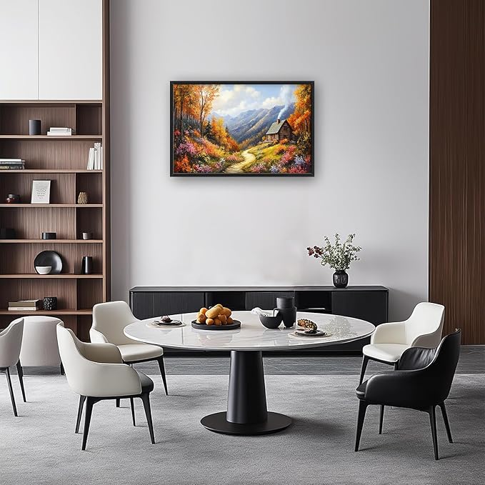 Framed Large Autumn Mountain Wall Art for Living Room, Oversized Wildflower Tree Wall Decor Nature Landscape Canvas Painting Modern Artwork Home Decoration for Living Room Bedroom 36"x24"-PawvioPets