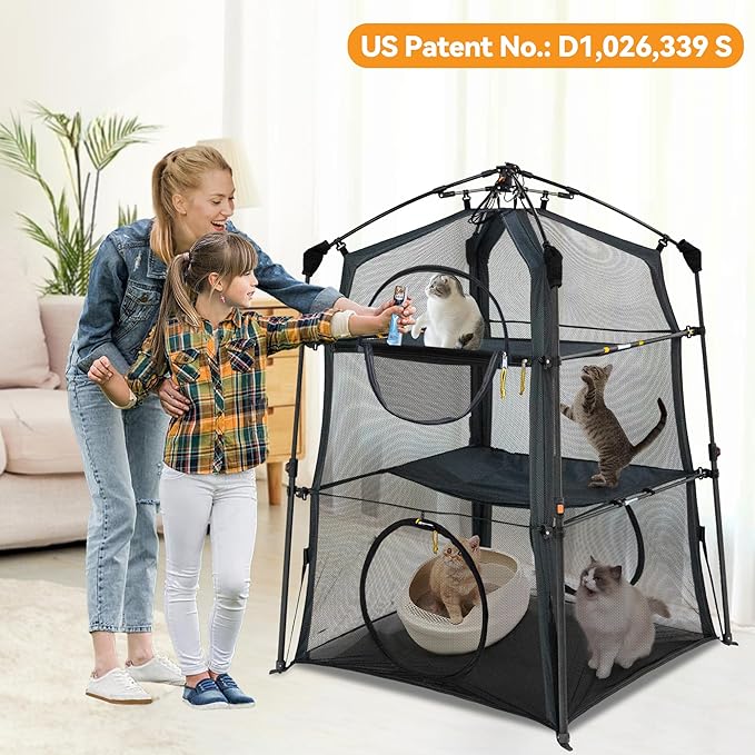 Extra Large Catio Outdoor Cat Enclosure,3 Tier Cat Tower Tent Weatherproof & Sunproof with 3 Doors, Foladable and Portable for Patio, Deck,Camping, Indoor & Outdoor(Patented)-Wave Shade-PawvioPets