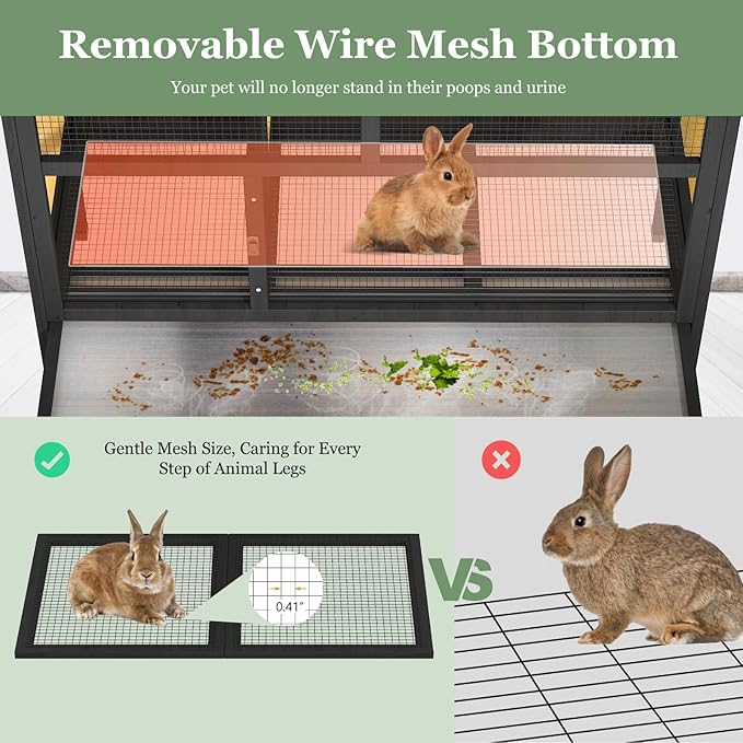 46.7" Rabbit Cage Elevated Bunny Cage Indoor, Outdoor Rabbit Hutch Hamster Cages for Small Animals, Wooden Guinea Pig Cages with Removable Tray & Waterproof Asphalt Roof & Bottom Wire Mesh-PawvioPets