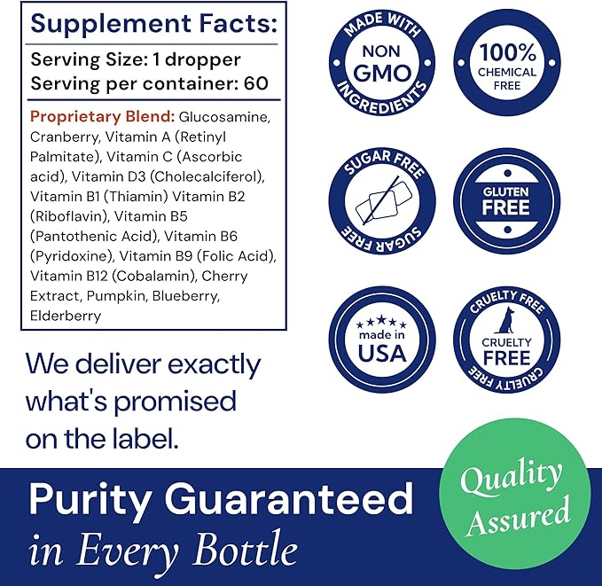 Advanced 15-in-1 Multivitamin for Dogs & Cats - Premium Liquid Supplement with Glucosamine, Vitamin B Complex and Cranberry for Joint, Digestive, Skin, Immune & UTI Support - 2.0 Fl Oz - Made in USA-PawvioPets