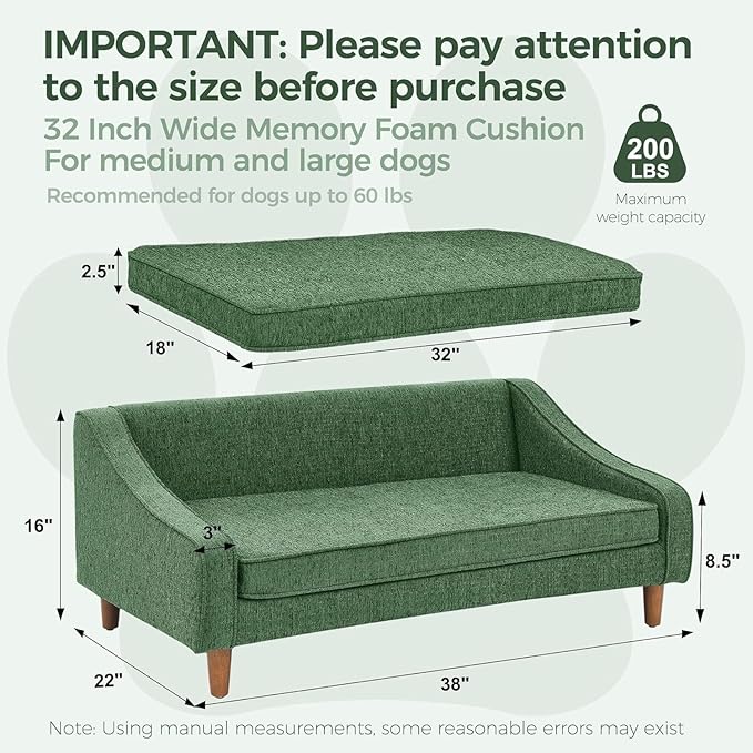 Dog Sofa Couch for Medium to Large Dogs, Durable Pet Sofa with Washable Fabric, Elevated Mini Dog Bed with Wooden Legs for Medium and Large Dogs, Dark Grey-PawvioPets