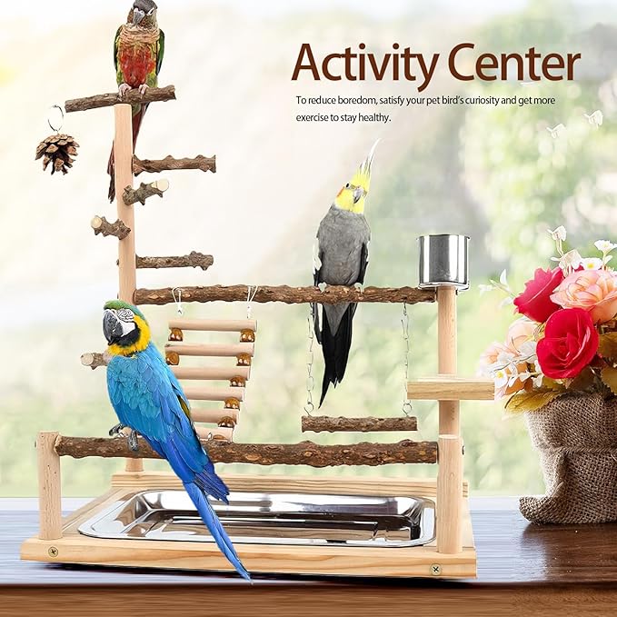 Bird Playground, Parrot Perch Stand, Natural Wood Bird Play Stands for Cockatiel Wood Perch Gym Playpen Ladder with Removable Tray and 2 Stainless Steel Cups, Bird Cage Accessories, Parrot Swing-PawvioPets