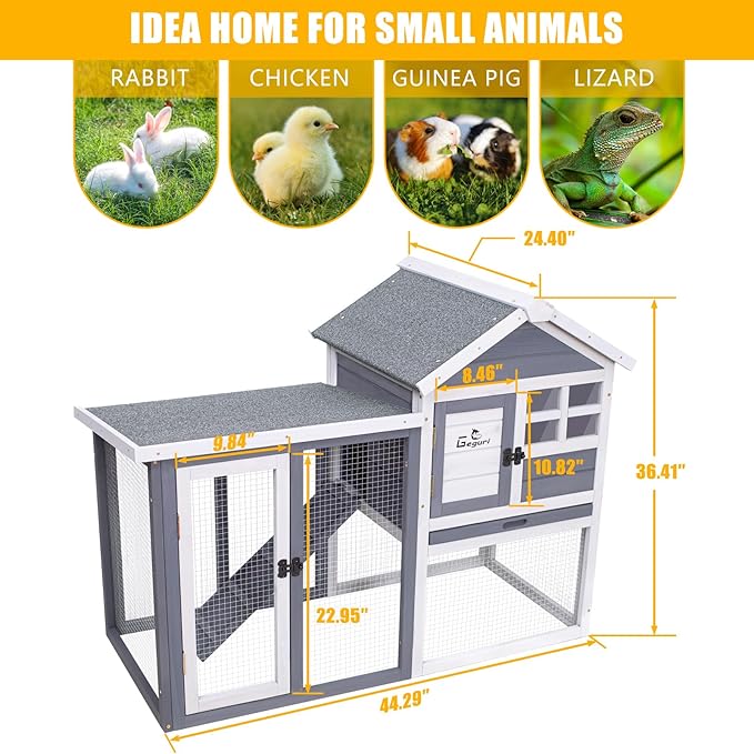 GEGURI Large Rabbit Hutch Indoor Outdoor Chicken Coop Wooden Bunny Cage with Waterproof Roof (48''L x 24''W x 36''H Grey)-PawvioPets