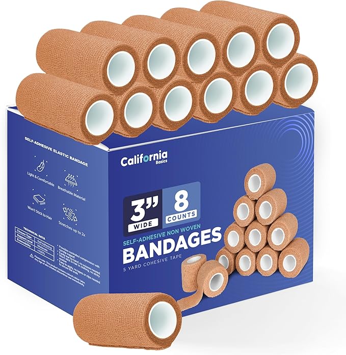 California Basics - 8 Pack - Self Adhesive Bandage Wraps - 3 Inch by 5 Yards Non Woven Self Adhesive Bandage Wrap, Brown Athletic Tape for Wrist, Hand & Ankle Wrap, Premium-Grade Medical Bandage Tape-PawvioPets