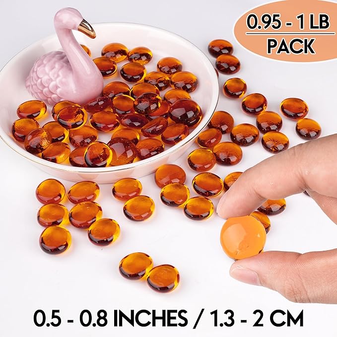 1LB Glass Marbles, Transparent and Smooth Flat Glass Beads for Vases, Mosaic Gem Pebbles for Aquarium Decor, Floral Arrangements, Mancala Stones, Vase Filler and Crafts, Orange-PawvioPets