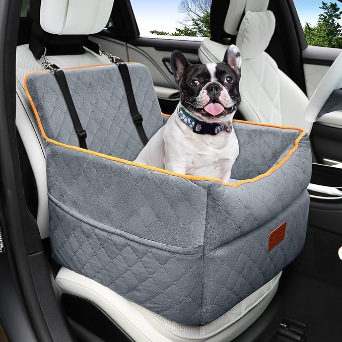 Dog Car Seat for Small Medium Dogs, Memory Foam Puppy Dog Booster Seat with Thick Cushion for Dogs Under 35lbs, Detachable Washable Pet Car Seat Travel Bed with Storage Pockets,2 Safety Belts-PawvioPets