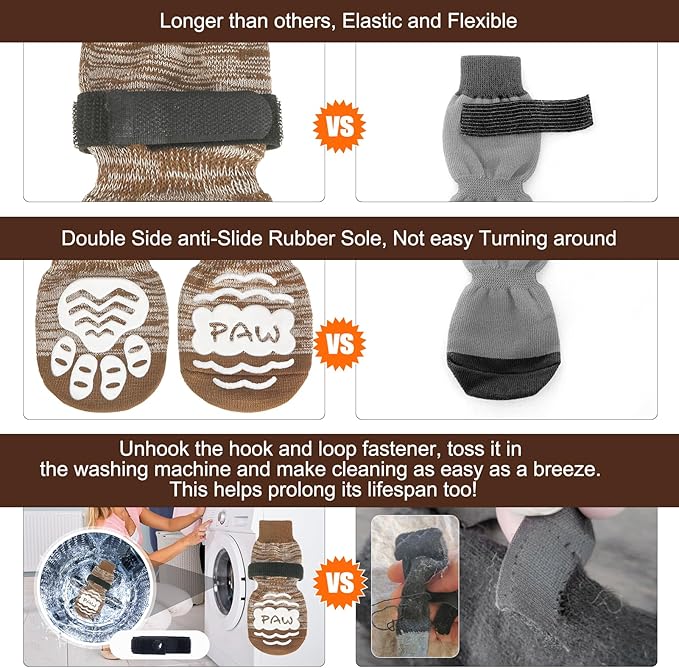 BEAUTYZOO Anti Slip Dog Socks for Small Medium Large Dogs,Paw Protector with Grips for Hardwood Floor Hot/Cold Pavement,Traction Control 3 Pairs AntiTwist Dog Shoes to Prevent Licking for Senior Dog-PawvioPets