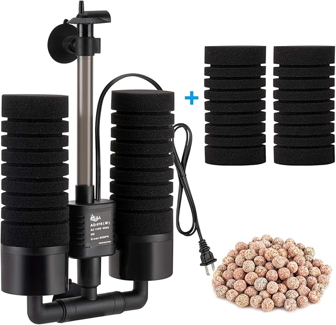 AQQA Aquarium Sponge Water Filter, Power Driven Double Biochemical Filter, Quiet Submersible Foam Filter with 2 Extra Sponges, 1 Bag of Filtered Ceramic Balls for Fresh and Salt Water Fish Tank (L)-PawvioPets