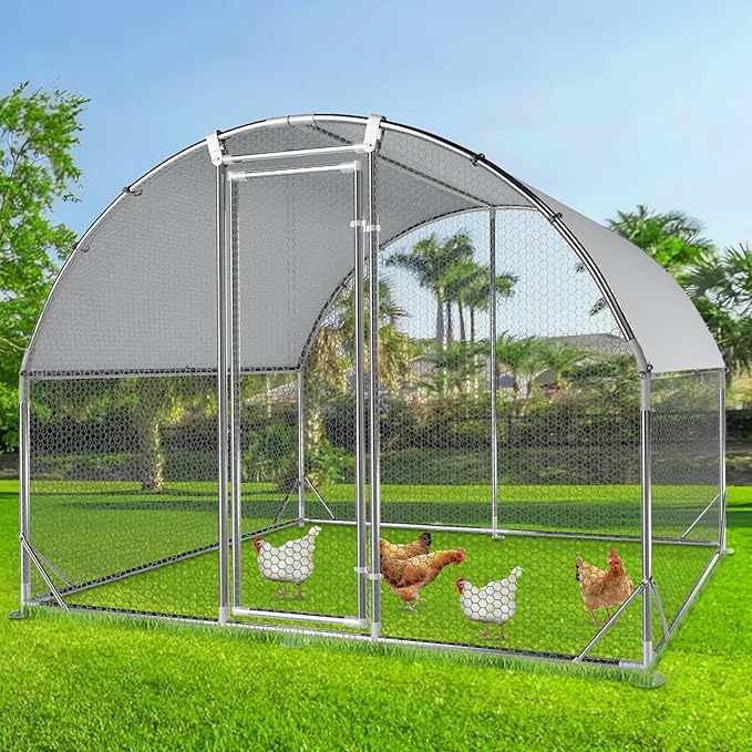 4ever2buy Large Metal Chicken Coop with Run Walk-in Poultry Cage Chicken Runs House Pen Cage Dome Roofed Chicken Coops with Anti-Ultraviolet Cover for Outdoor Yard Farm Use 9.5'W x 6.45'L x 6.3'H-PawvioPets