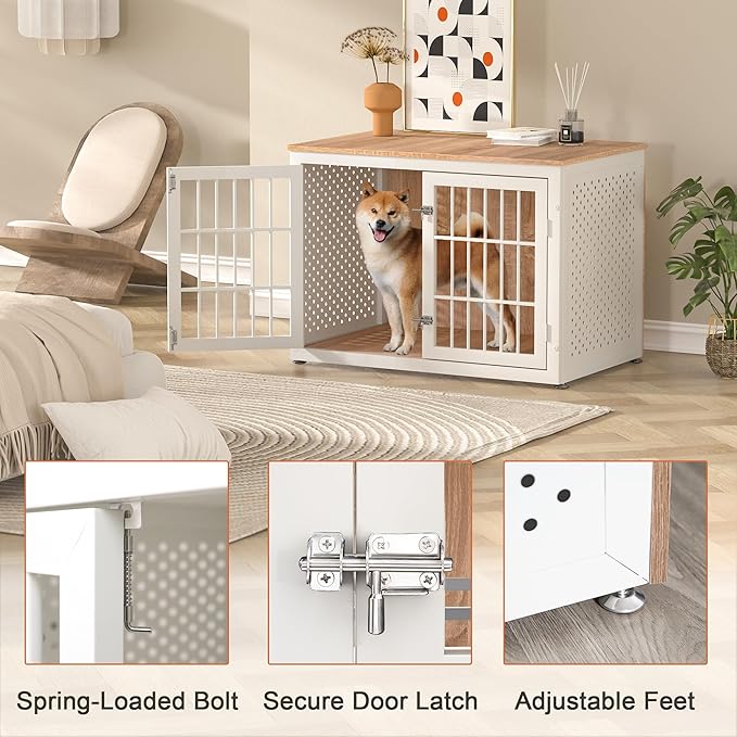 38" Heavy Duty Dog Crate Furniture for Large and Medium Dogs,Wooden Metal Kennel for High Anxiety Dogs, Chew Proof Pet Cage Indoor, Decorative Dog Kennel End Table, White-PawvioPets