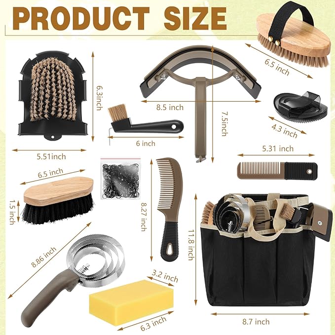 Abbylike 12 Pieces Horse Grooming Kit with Organizer Tote Bag Tack Room Supplies Horse Brush Sets Equine Care Cleaning Kit Shedding Grooming Massaging Tools(Khaki)-PawvioPets