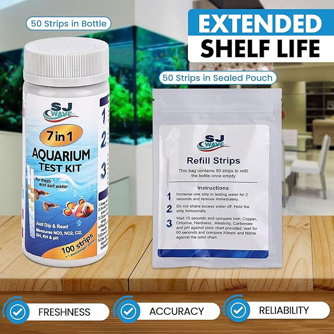 7 in 1 - Aquarium Test Strips | 100 Fast & Accurate Strips | Fish Tank Aquariums Water Test Kit & ebook | Aquarium Thermometer | Fish Tank Water Testing Kit for Fresh & Saltwater | Versatile Usage-PawvioPets