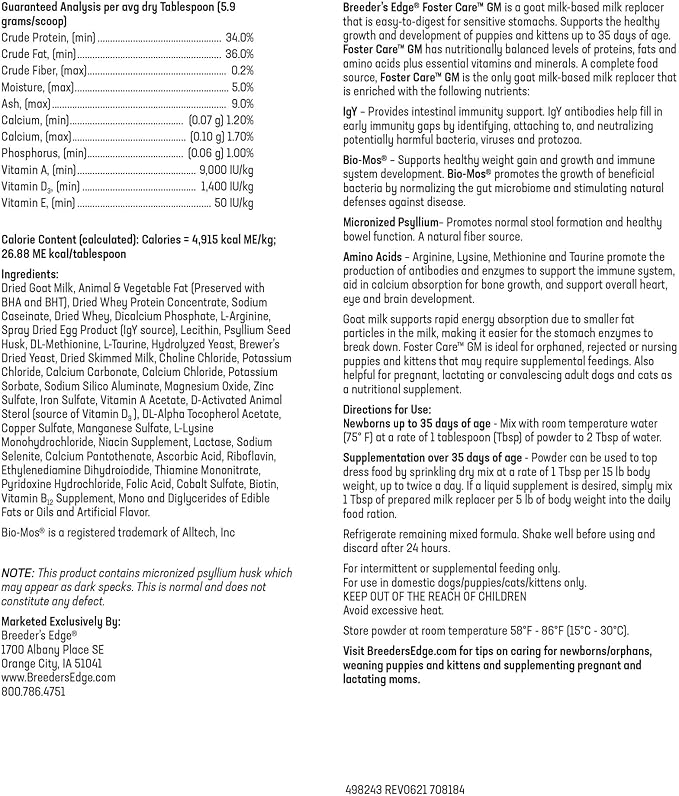 Breeder's Edge Foster Care GM - Goat Milk Based Powdered Milk Replacer - Puppies , Kittens , Cats & Dogs Formula - Easy Digestion - 5 lb-PawvioPets