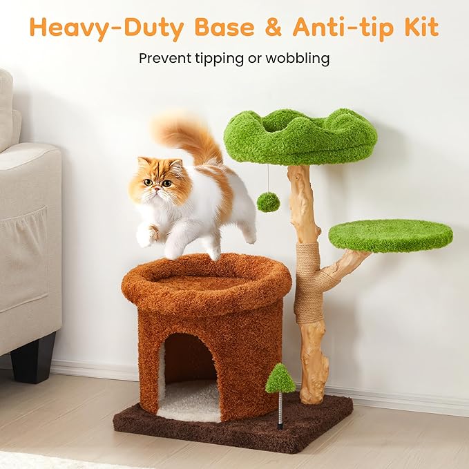32-Inch Multi-Level Cat Tree Tower, Natural Wooden Cat Furniture with Sisal Scratching Posts, Beds & Condo, Cute Cat Tree for Indoor Cats, Multi-Cat Householdsolds-PawvioPets
