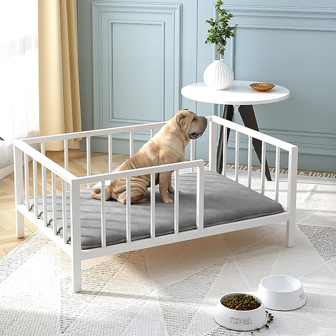 Dog Bed with Rails - Elevated Pet Metal Bed Frame with Solid Wood Board and Washable Soft Mat for Medium Dog Indoor or Outdoor Use, 25.2" x 37.8", White-PawvioPets